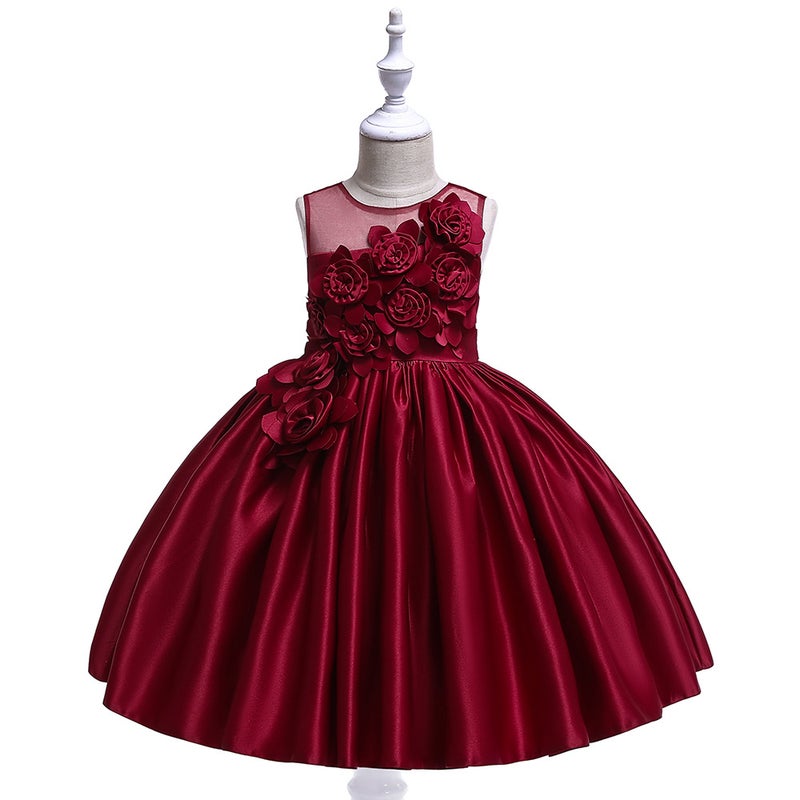 Amazon wish princess dress girls three-dimensional satin flower wedding dress stage performance fluffy dress L5068-Bordeaux