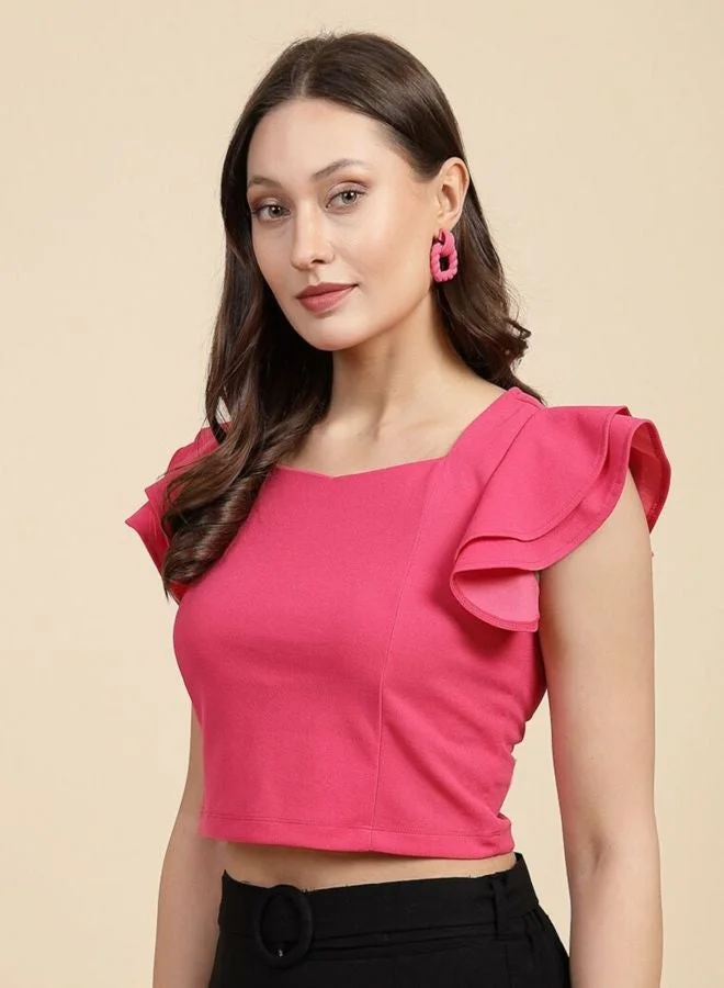Freehand  Women Regular Fit Solid Sweetheart Neck Short Sleeve Ruffled Top  | Best Price UAE