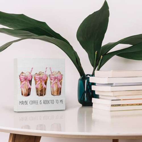Nvotell Pink Coquette Bow Maybe Iced Coffee Is Addicted to Me Wooden Box Sign, Pink Retro Wood Block Plaque for Coffee Station Shop Bar Desk Shelf Tabletop Decor 5x5 Inch - Image 3