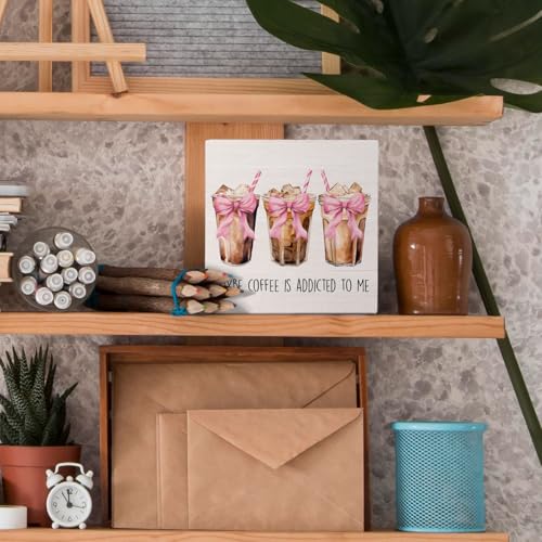 Nvotell Pink Coquette Bow Maybe Iced Coffee Is Addicted to Me Wooden Box Sign, Pink Retro Wood Block Plaque for Coffee Station Shop Bar Desk Shelf Tabletop Decor 5x5 Inch - Image 2