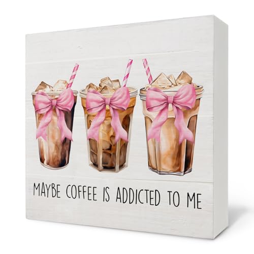 Nvotell Pink Coquette Bow Maybe Iced Coffee Is Addicted to Me Wooden Box Sign, Pink Retro Wood Block Plaque for Coffee Station Shop Bar Desk Shelf Tabletop Decor 5x5 Inch - Image 1