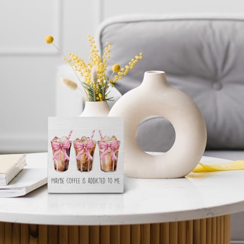 Nvotell Pink Coquette Bow Maybe Iced Coffee Is Addicted to Me Wooden Box Sign, Pink Retro Wood Block Plaque for Coffee Station Shop Bar Desk Shelf Tabletop Decor 5x5 Inch - Image 5