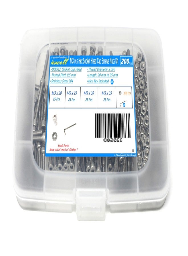 iExcell 200 Pcs M3 x 20/25/30/35 mm Thread Pitch 0.5 mm Stainless Steel 304 Hex Socket Head Cap Screws Bolts Nuts Assortment Kit - Image 1