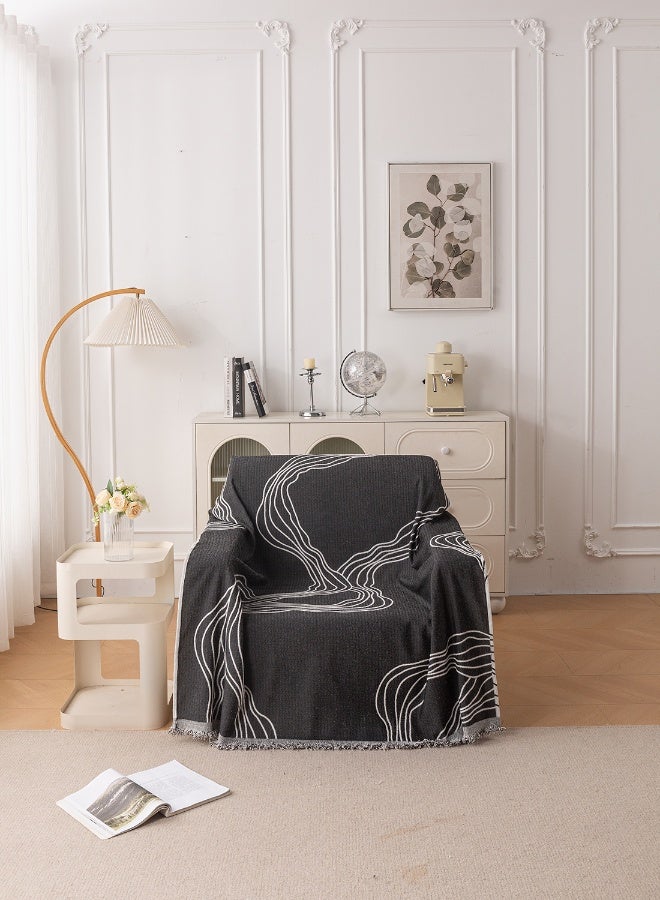 ايست من نون غطاء أريكة شنيلي، غطاء قابل للانزلاق، يناسب 1 و 2 مقعد، نمط حديث، حجم 130x180 سم - أسود وأبيض - Image 2