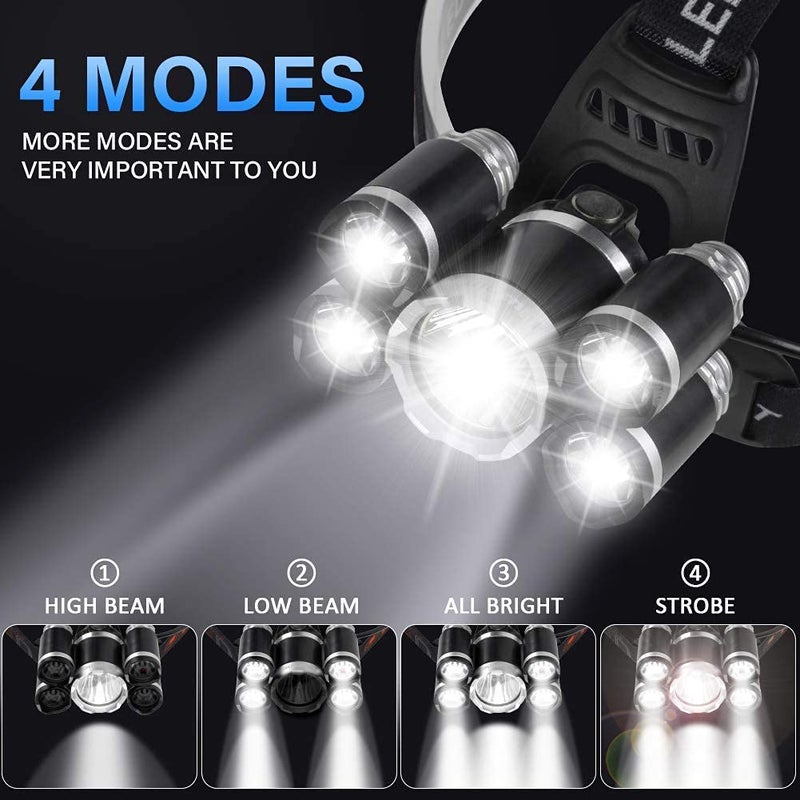 FEBLICH LED Headlamp Rechargeable Flashlight, USB Rechargeable Head Torch Headlight with Battery for Outdoor Camping Running Hiking Fishing Cycling Repairing (5 LED Headlamp + New Keychain Light) - Image 2