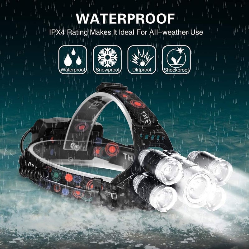 FEBLICH LED Headlamp Rechargeable Flashlight, USB Rechargeable Head Torch Headlight with Battery for Outdoor Camping Running Hiking Fishing Cycling Repairing (5 LED Headlamp + New Keychain Light) - Image 3