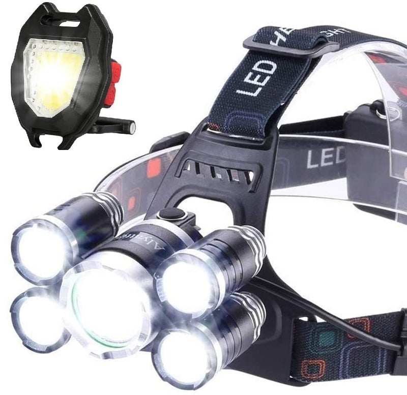 FEBLICH LED Headlamp Rechargeable Flashlight, USB Rechargeable Head Torch Headlight with Battery for Outdoor Camping Running Hiking Fishing Cycling Repairing (5 LED Headlamp + New Keychain Light) - Image 1