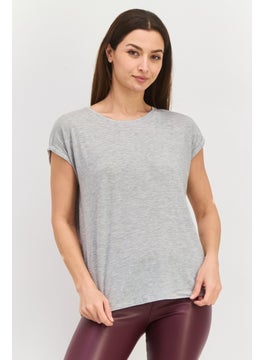 Women Round Neck Short Sleeve Heather Top, Light Grey
