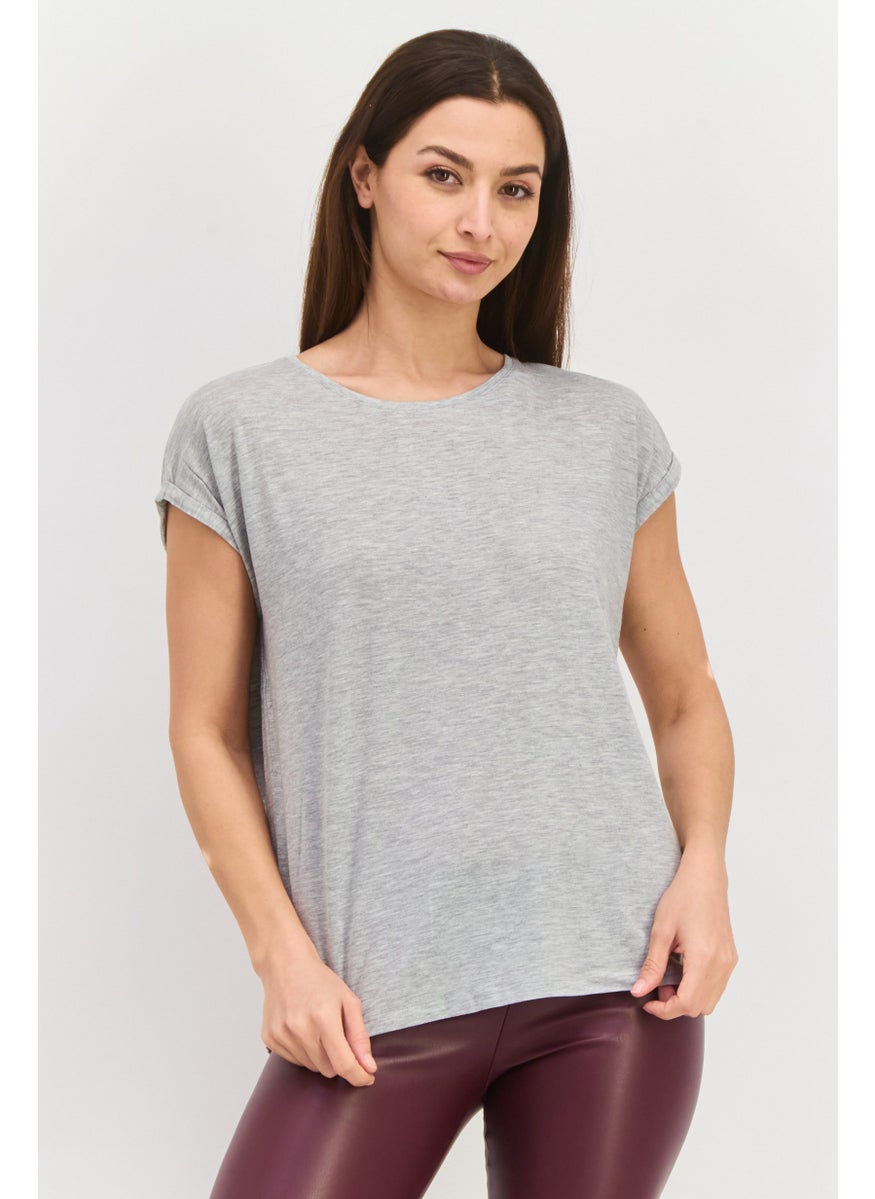 Aware By Vero Moda Women Round Neck Short Sleeve Heather Top, Light Grey  - Image 1