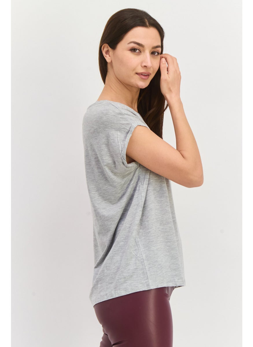 Aware By Vero Moda Women Round Neck Short Sleeve Heather Top, Light Grey  - Image 4