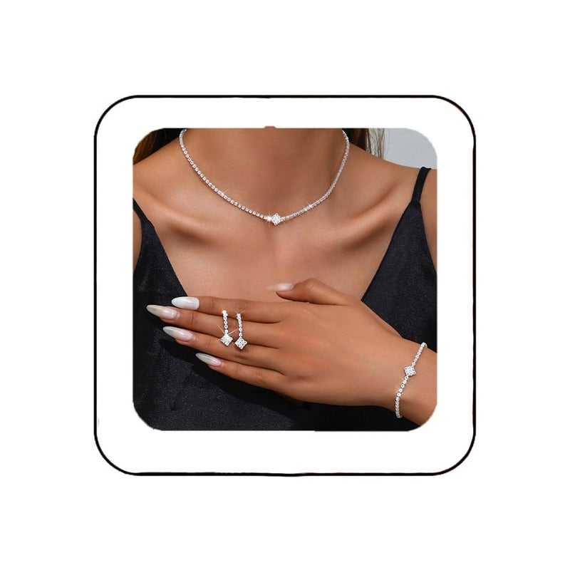Unicra Silver Bridal Wedding Jewelry Set Sparkly Rhinestone Necklace Earrings Bracelet Sets Formal Costume Jewelry for Women and Brides (A Silver-3 Pack Necklace Bracelet Earrings) - Image 1