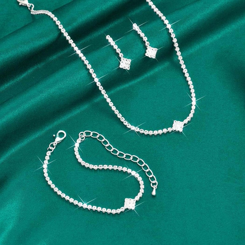 Unicra Silver Bridal Wedding Jewelry Set Sparkly Rhinestone Necklace Earrings Bracelet Sets Formal Costume Jewelry for Women and Brides (A Silver-3 Pack Necklace Bracelet Earrings) - Image 3