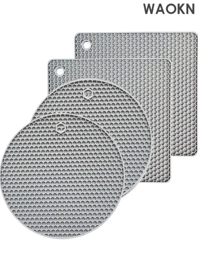 WAOKN 4 Pieces Silicone Trivet Mats, Hot Pot Holders, Kitchen Tools, Heat Resistant Non Slip Durable Pads for Hot Dishes Bowls, Jar Opener, Easy to Wash and Dry Hot Pan Cushions (Gray) - Image 1