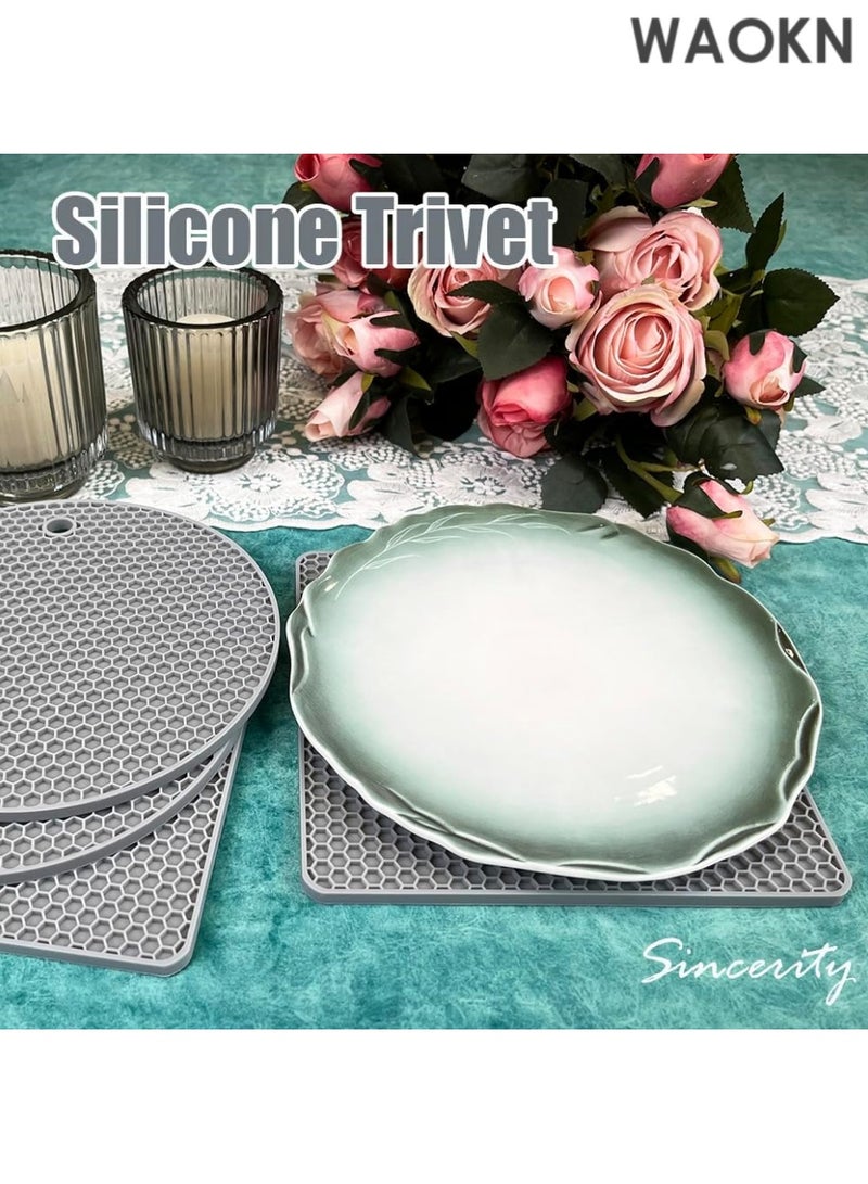 WAOKN 4 Pieces Silicone Trivet Mats, Hot Pot Holders, Kitchen Tools, Heat Resistant Non Slip Durable Pads for Hot Dishes Bowls, Jar Opener, Easy to Wash and Dry Hot Pan Cushions (Gray) - Image 5