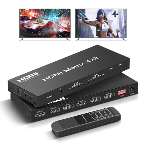 FERRISA 4x2 HDMI Matrix Switch, 4 in 2 Out Matrix HDMI Video Switcher Splitter + Optical & L/R Audio Output, Support Ultra HD 4K,3D 1080P, Audio EDID Extractor with IR Remote Control - Image 1