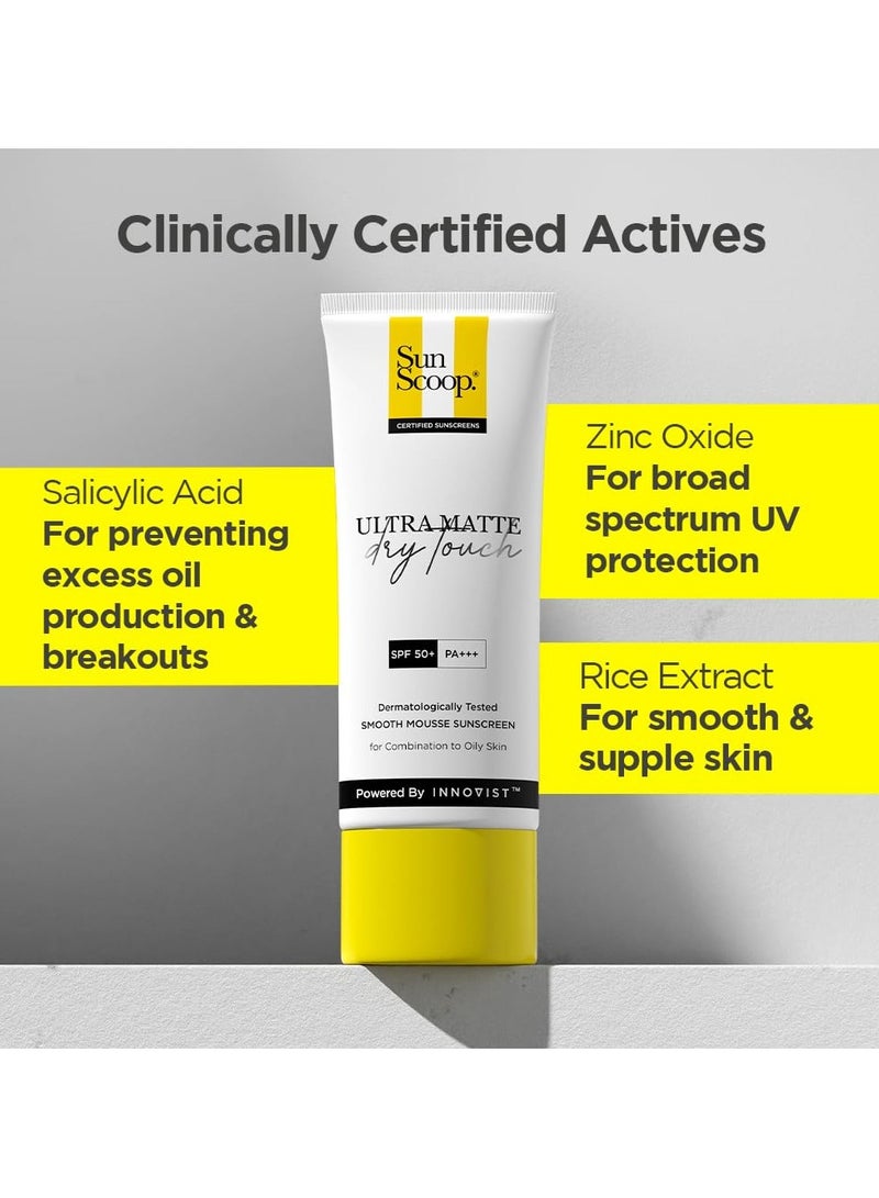 SunScoop Ultra Matte Dry Touch Sunscreen SPF 50 PA+++ |Matte Finish | Zinc Oxide & 0.1%ww Salicylic Acid for Oily Acne Prone Skin | Broad Spectrum, Non Comedogenic & No White Cast|For Women & Men-45gm - Image 4