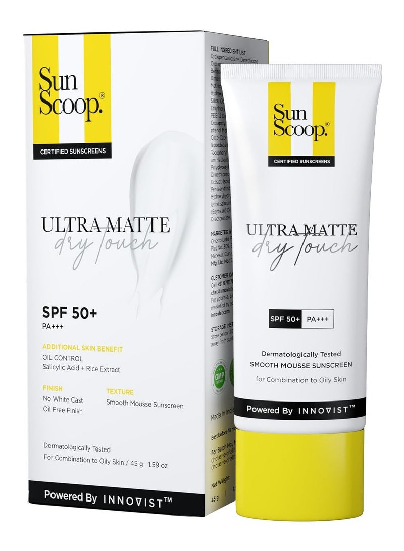 SunScoop Ultra Matte Dry Touch Sunscreen SPF 50 PA+++ |Matte Finish | Zinc Oxide & 0.1%ww Salicylic Acid for Oily Acne Prone Skin | Broad Spectrum, Non Comedogenic & No White Cast|For Women & Men-45gm - Image 1