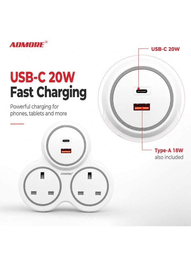 أدمور مأخذ توصيل متعدد (مشترك) ثنائي المخرج من Admore مع منافذ شحن USB من النوع C والنوع A - Image 2