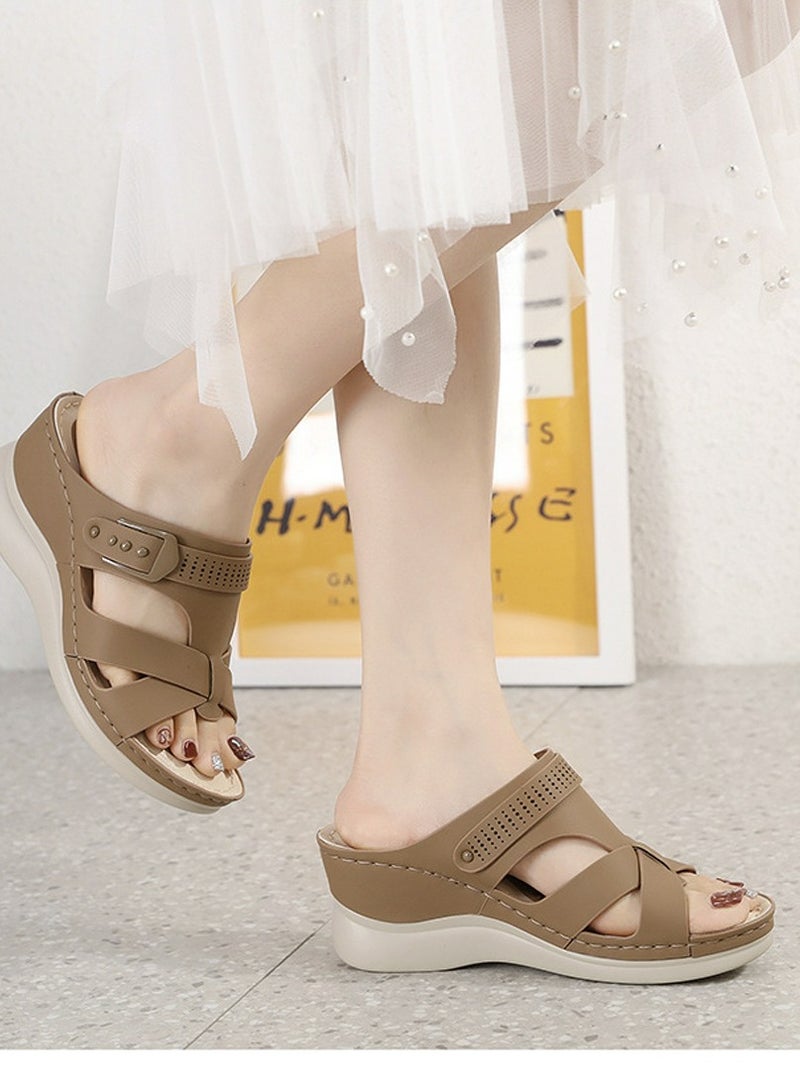 Loquat Womens Wedge Sandals Slippers Casual Slip On Summer Shoes Brown  - Image 3