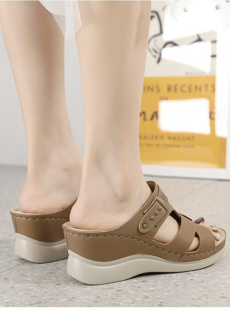 Loquat Womens Wedge Sandals Slippers Casual Slip On Summer Shoes Brown  - Image 4