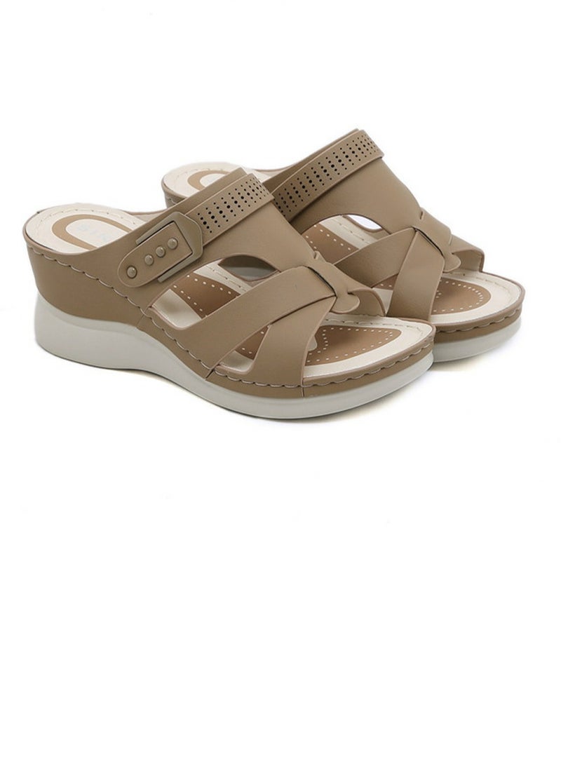 Loquat Womens Wedge Sandals Slippers Casual Slip On Summer Shoes Brown  - Image 2