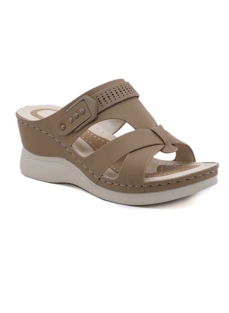 Loquat Womens Wedge Sandals Slippers Casual Slip On Summer Shoes Brown  - Image 1
