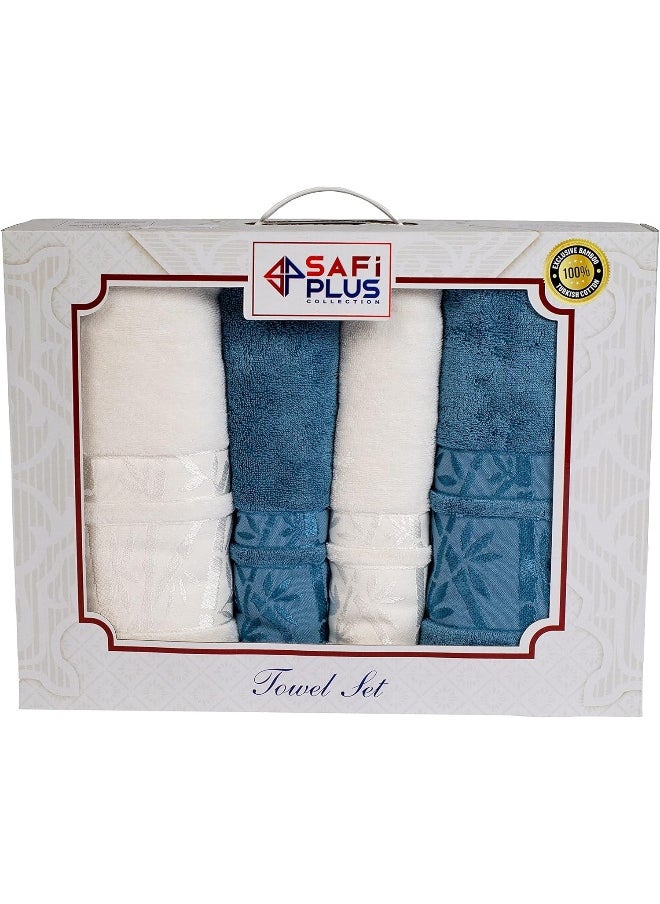 Safi Plus Bath Towels & Hand Towels 4-Piece Turkish Set, 100% Genuine Bamboo Cotton 2 Large Bath Towels & 2 Hand Towels, Super Soft, Luxury & Extra Absorbent (White-Blue) 