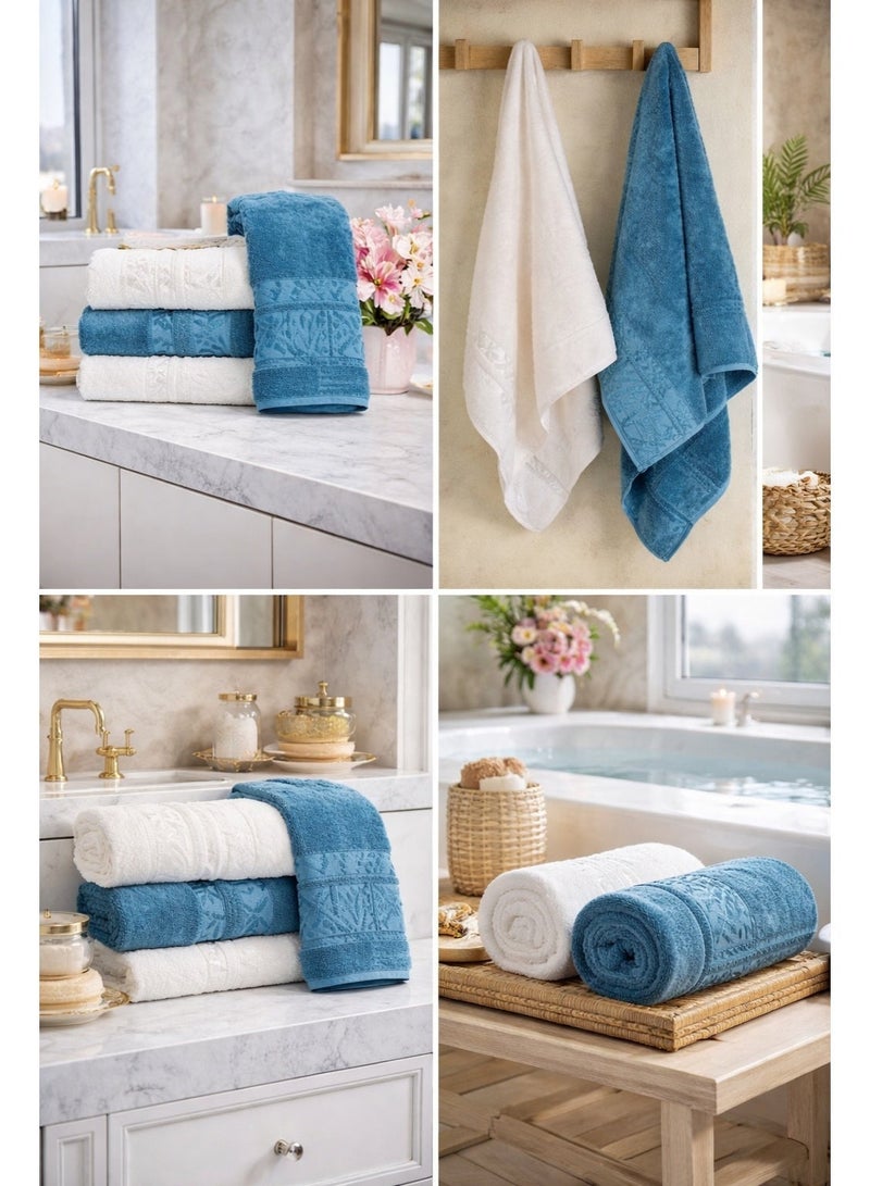 Safi Plus Bath Towels & Hand Towels 4-Piece Turkish Set, 100% Genuine Bamboo Cotton 2 Large Bath Towels & 2 Hand Towels, Super Soft, Luxury & Extra Absorbent (White-Blue) - Image 4
