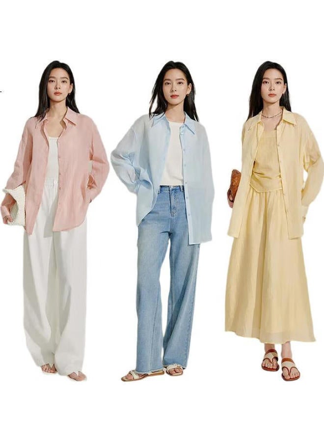 Inman Zhang Ruonan Same Style Sunscreen Ramie Cotton Women'S Shirt Summer New Shirt Top Light Pink Xl - Image 3