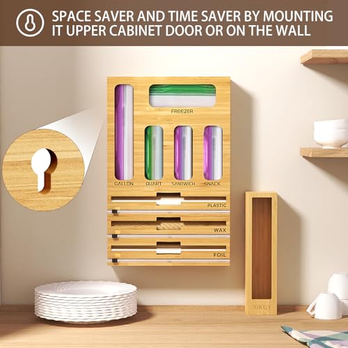 NIKUY 9 IN 1 Bamboo Foil and Plastic Wrap Organizer for Kitchen Drawer, Plastic Bag Organizer Organization and Storage, Food Storage Bag Organizer with Labels for Quart Gallon Snack Sandwich Bag - Image 4