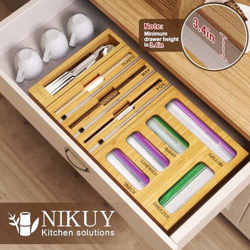 NIKUY 9 IN 1 Bamboo Foil and Plastic Wrap Organizer for Kitchen Drawer, Plastic Bag Organizer Organization and Storage, Food Storage Bag Organizer with Labels for Quart Gallon Snack Sandwich Bag - Image 3