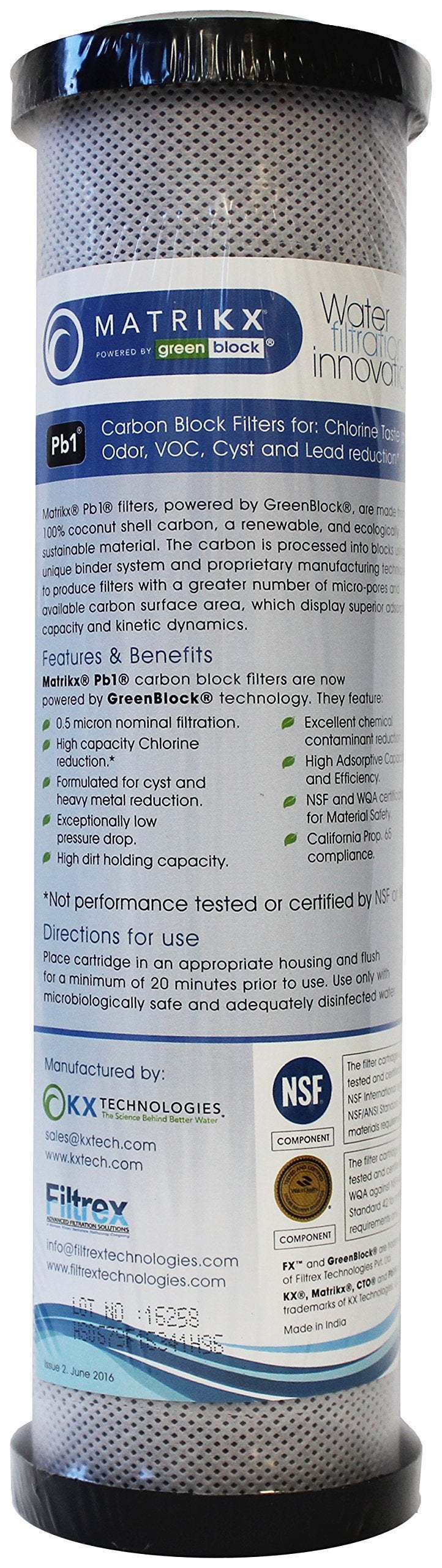 MATRIKX KX 06-250-10-GREEN | 10" Pb1 Carbon Block Filters for Chlorine Taste and Odor, VOC, Cyst and Lead Reduction | KX MatriKX Powered by GREENBLOCK | Replaces 06-250-125-975 - Image 1