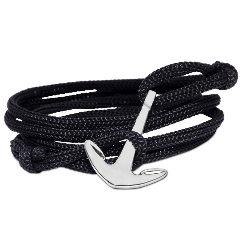 Mahi Anchor In Loop Rhodium Plated Adjustable Black Rope Style Unisex Bracelet BR1100375RBla - Image 1