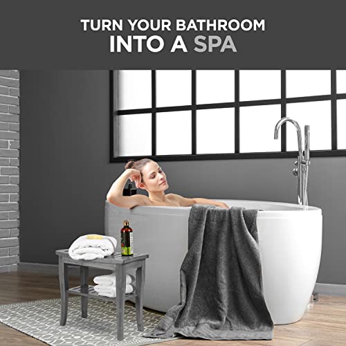 Bambüsi Grey Shower Bench - Small Wooden Shower Stool with Storage Shelf, Non-Slip Bathroom Seat, Spa Decor Bath Bench, Foot Rest Shaving Stool for Shower, Indoor Outdoor Use, Great Gift Idea (17" x 9 x 17) - Image 2