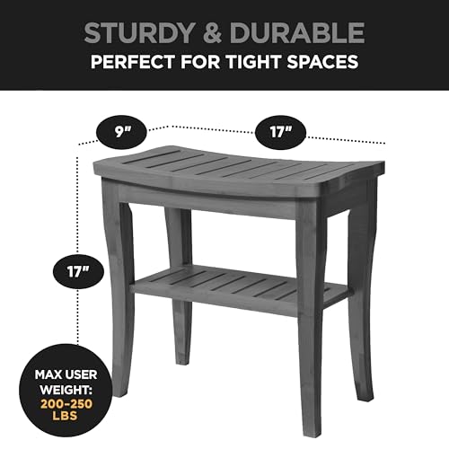 Bambüsi Grey Shower Bench - Small Wooden Shower Stool with Storage Shelf, Non-Slip Bathroom Seat, Spa Decor Bath Bench, Foot Rest Shaving Stool for Shower, Indoor Outdoor Use, Great Gift Idea (17" x 9 x 17) - Image 5