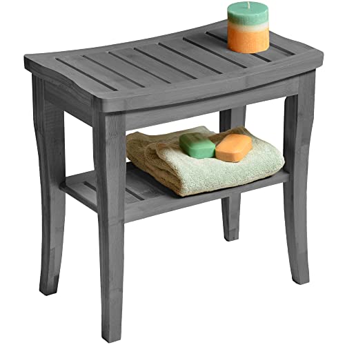 Bambüsi Grey Shower Bench - Small Wooden Shower Stool with Storage Shelf, Non-Slip Bathroom Seat, Spa Decor Bath Bench, Foot Rest Shaving Stool for Shower, Indoor Outdoor Use, Great Gift Idea (17" x 9 x 17) - Image 1