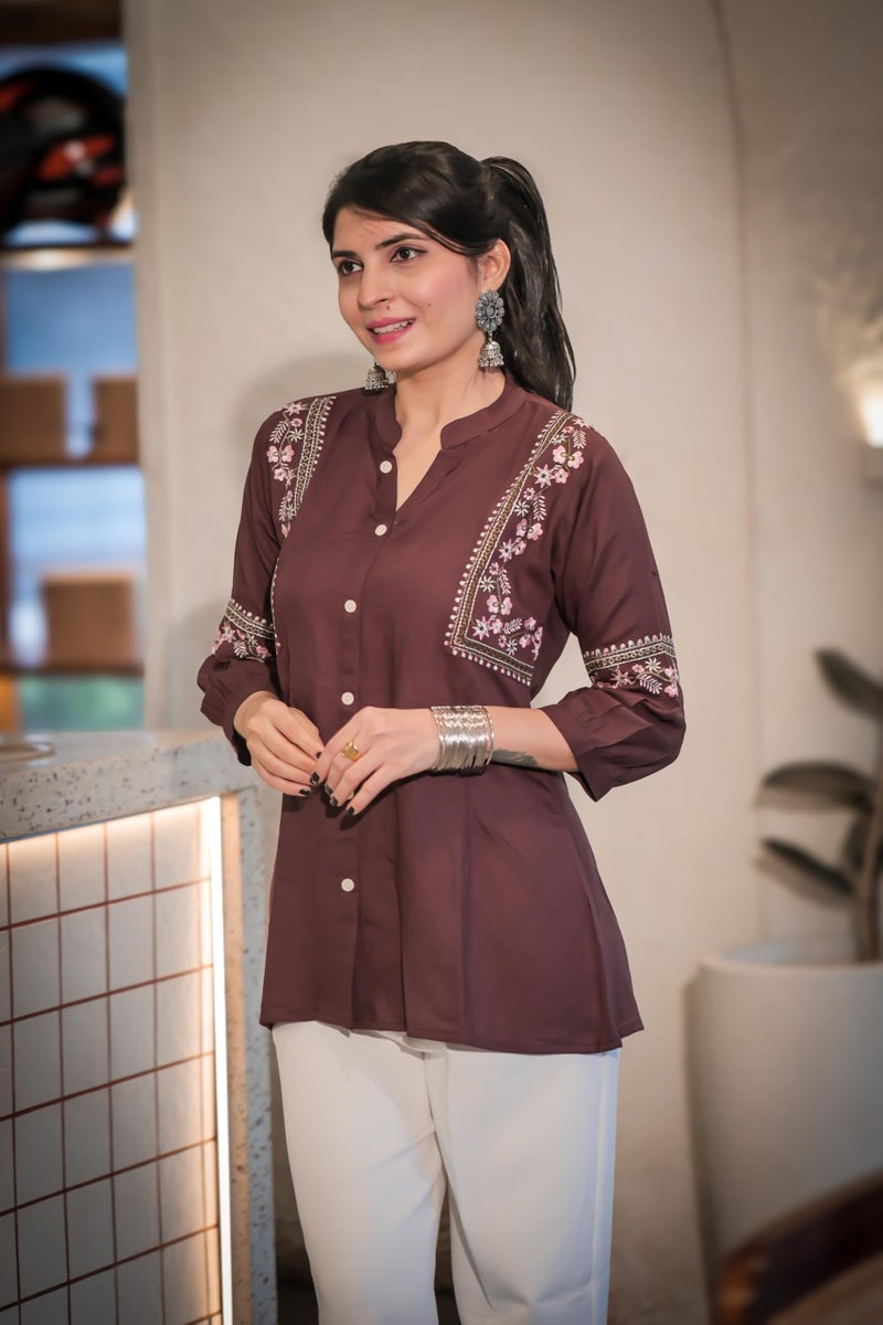 EthnicJunction Women's Brown Viscose Rayon Embroidered A-line Short Kurti | Short Kurti for Women | Top for Office | Women's Tunics Tops | Regular Fit Top - Image 5