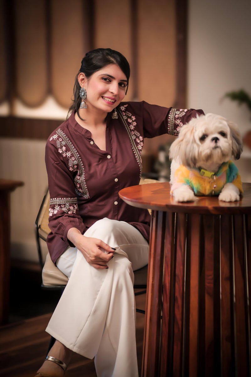 EthnicJunction Women's Brown Viscose Rayon Embroidered A-line Short Kurti | Short Kurti for Women | Top for Office | Women's Tunics Tops | Regular Fit Top - Image 2
