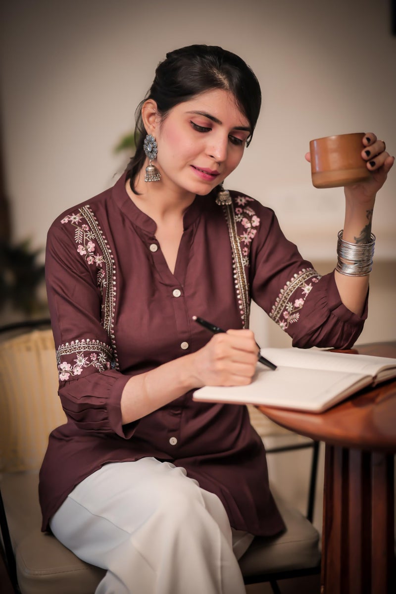 EthnicJunction Women's Brown Viscose Rayon Embroidered A-line Short Kurti | Short Kurti for Women | Top for Office | Women's Tunics Tops | Regular Fit Top - Image 3