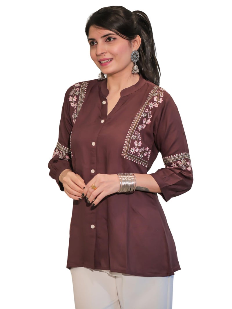 EthnicJunction Women's Brown Viscose Rayon Embroidered A-line Short Kurti | Short Kurti for Women | Top for Office | Women's Tunics Tops | Regular Fit Top - Image 1