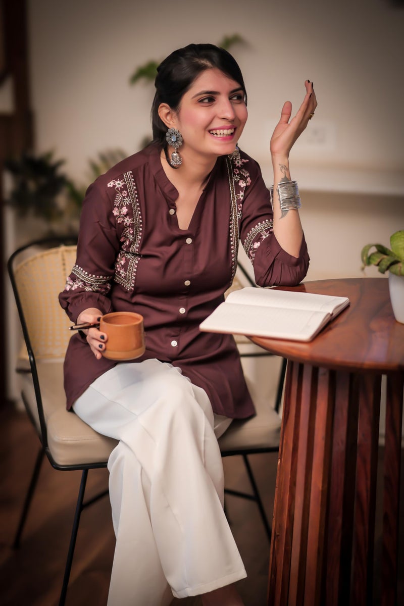 EthnicJunction Women's Brown Viscose Rayon Embroidered A-line Short Kurti | Short Kurti for Women | Top for Office | Women's Tunics Tops | Regular Fit Top - Image 4