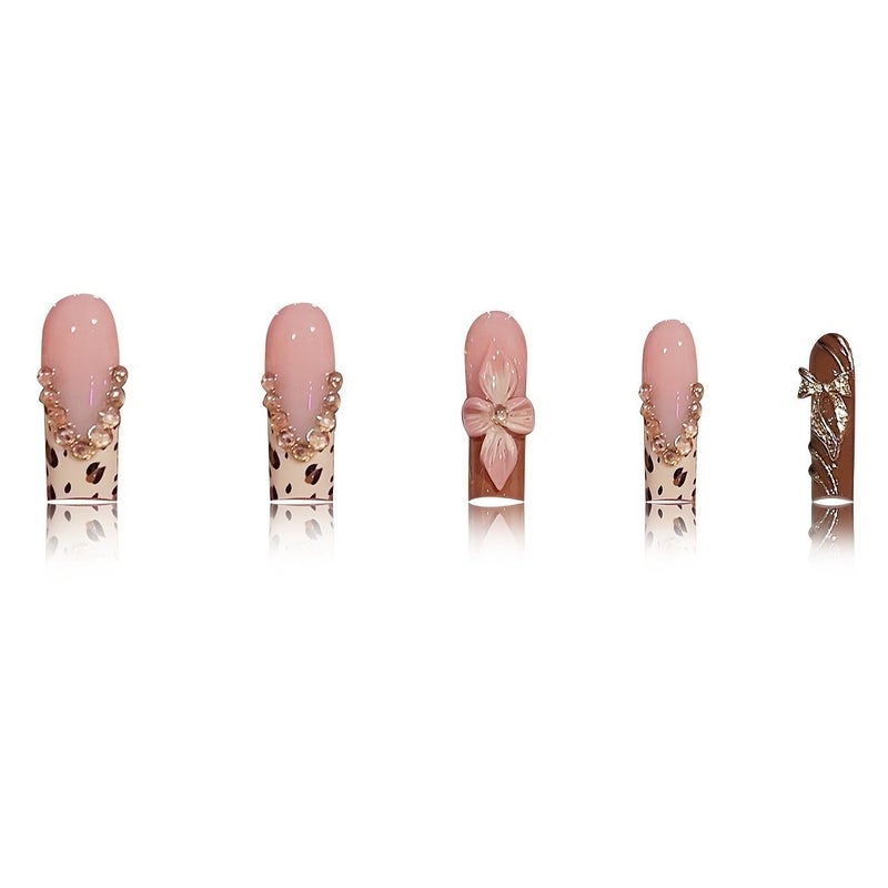 24-Piece Almond-Shaped Press-On Nails Set: 3D Floral, Bows, Rhinestones & Leopard Print – Long Fake Nails with File & Glue - Image 4