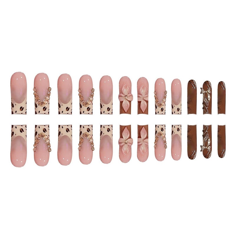 24-Piece Almond-Shaped Press-On Nails Set: 3D Floral, Bows, Rhinestones & Leopard Print – Long Fake Nails with File & Glue - Image 5