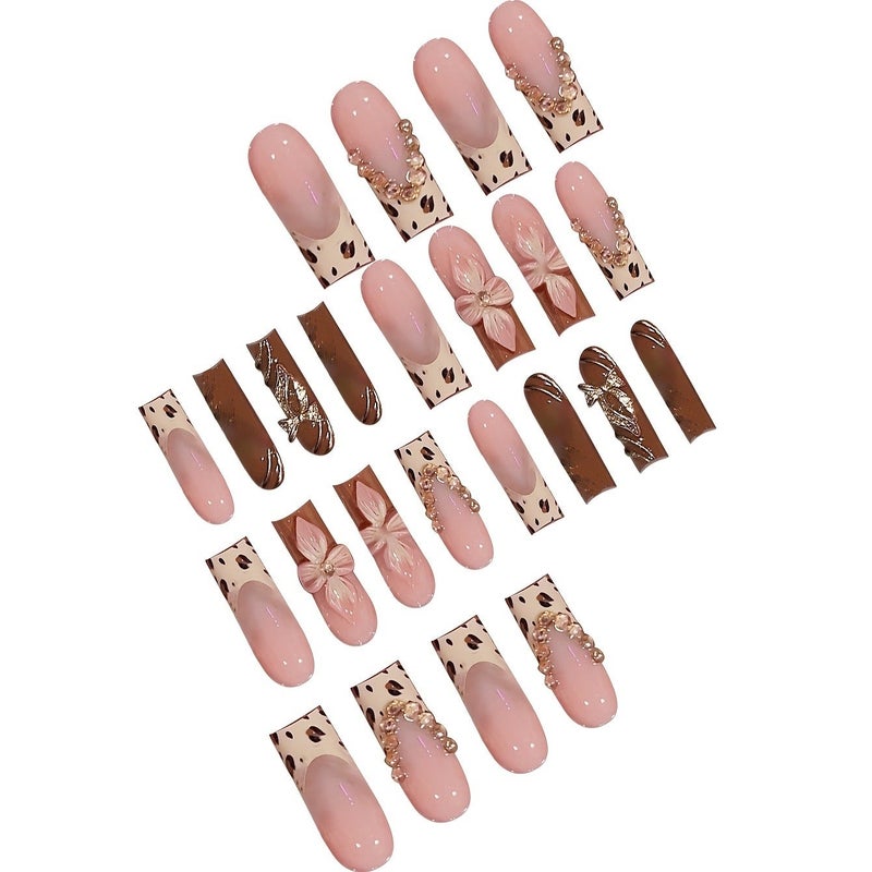 24-Piece Almond-Shaped Press-On Nails Set: 3D Floral, Bows, Rhinestones & Leopard Print – Long Fake Nails with File & Glue - Image 3