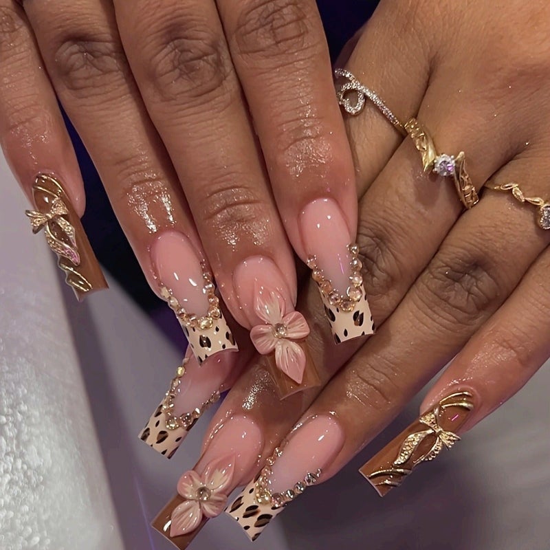 24-Piece Almond-Shaped Press-On Nails Set: 3D Floral, Bows, Rhinestones & Leopard Print – Long Fake Nails with File & Glue - Image 2