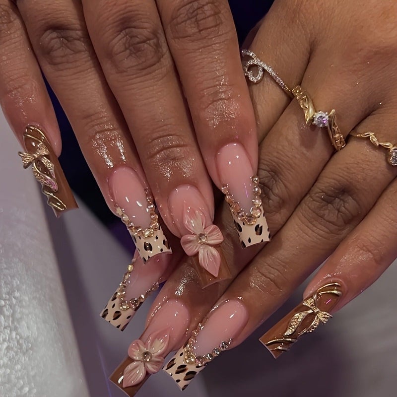 24-Piece Almond-Shaped Press-On Nails Set: 3D Floral, Bows, Rhinestones & Leopard Print – Long Fake Nails with File & Glue - Image 1