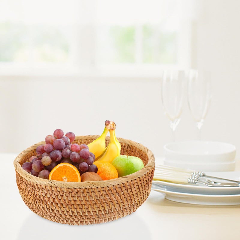 Handwoven Rattan Fruit Basket Round Deep Style Kitchen Tabletop Storage Bread Organizer - Image 4