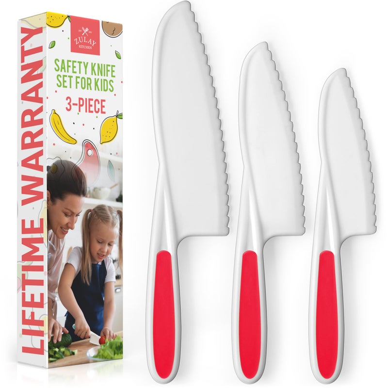 Zulay Kitchen Zulay 3Piece Kids Knife Set for Real Cooking  Baking  Toddler Knives for Cutting Fruits Veggies  Cake  Childrens Montessori Knive with Serrated Edges  Safe  Fun Lettuce Knife Red