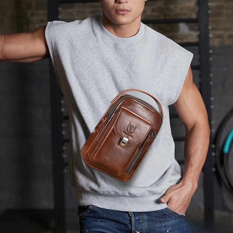 BULLCAPTAIN Genuine Leather Sling Bag for Men Women Oil Wax Cowhide Crossbody Shoulder Bag with Widened Strap - Leather Backpack for Travel Outdoor Camping, - Image 4