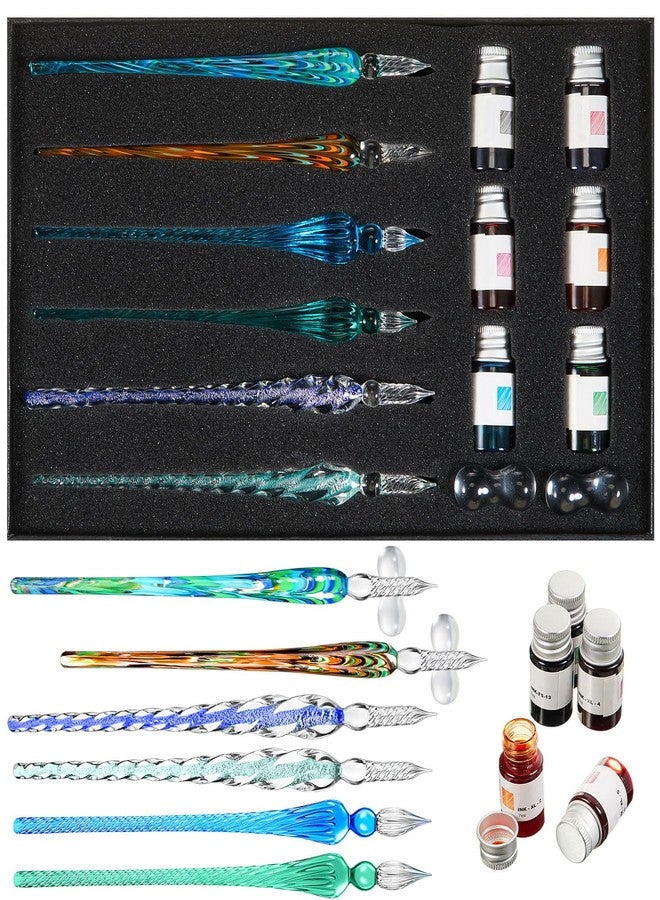 Zonon Glass Dipped Pen Ink Set 14 Pcs Include 6 Pcs Glass Dip Pen, 6 Colorful India Ink and 2 Pen Holder Crystal Glass Signature Pen Calligraphy Glass Pen for Art, Writing, Signatures, Gift Pen - Image 1